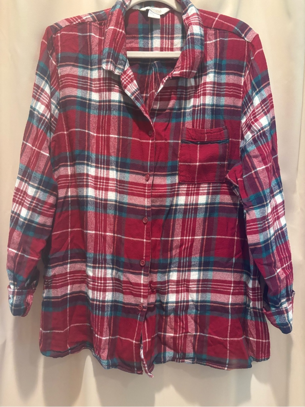 Natural Reflections Red Plaid Button-Down Shirt with Teal and White Accents